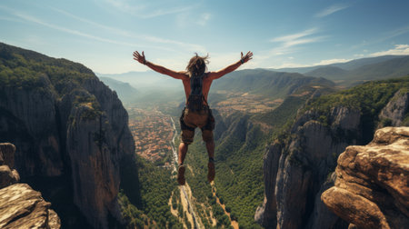 a high jump down from a mountain canyon by a businessman, captured in the style of ingrid baars. this 8k resolution photo showcases the influence of american consumer culture. the use of terragen adds depth and realism to the image. the human connections depicted in the photo, along with the artistic touch of kerem beyit, create a joyful and optimistic atmosphere. ai generatedの素材