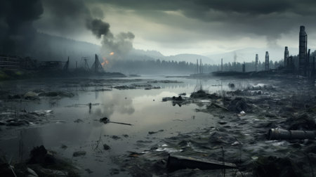 a heavy metal pollution scene featuring dark clouds and toxic smoke emanating from industrial factories. the foreground showcases a lake with murky water and dead fish floating on the surface. the mountains and forests in the background are barely visible due to the thick smog. the image is enhanced with a soft and warm light, reminiscent of art nouveau style. ai generatedの素材