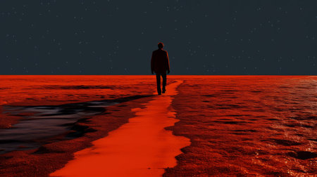 a person is walking on an orange path under an orange sky and red ground, creating a sci-fi noir atmosphere. this digitally manipulated photograph by hugh kretschmer, titled "david," showcases isolated landscapes with nightmarish illustrations. the dark red and silver tones add to the eerie ambiance of the image. ai generatedの素材