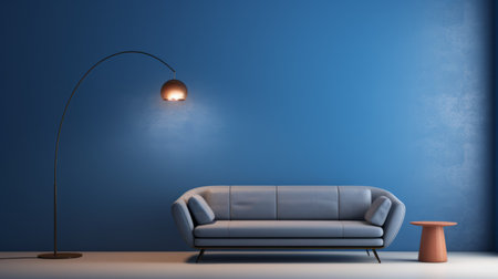 a modern blue couch sits in a room, accompanied by a floor lamp. the room features realistic lighting and a monochromatic palette, creating a cartoonish simplicity. the muted colors and realistic blue skies add to the eye-catching and atmospheric mood of the photo. ai generatedの素材