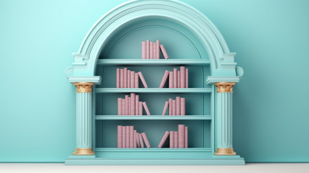 blue bookcase against a blue wall in a 3d render photo. the bookcase is designed in a light pink and light emerald style, reminiscent of classical architecture. it features intricately carved books, inspired by the works of charles willson peale, an architectural illustrator. the overall aesthetic draws inspiration from roman art and architecture, with a color palette of pink and cyan. ai generatedの素材