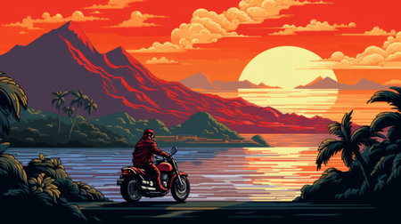 a motorcycle parked on a tropical beach, surrounded by vibrant and bold landscapes. the scene is depicted in a dark crimson and light black color scheme, reminiscent of neo-geo and action painter styles. the richly colored skies add to the sublime wilderness atmosphere of the image. ai generatedの素材