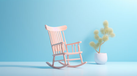 rocking chair on desk with green plant, featuring light sky-blue and pink color scheme. zbrush artwork showcases abstract minimalism. minimalist backgrounds in light orange and light indigo hues create a three-dimensional space. traditional chinese influences evident in the design. ai generatedの素材