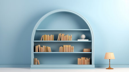 an arched room featuring a bookshelf and lamp, designed in a light blue color scheme. the photo showcases a realistic and detailed rendering, with a matte finish. the room's ambiance is enhanced by humorous depictions, incorporating elements of irony and humor. ai generatedの素材