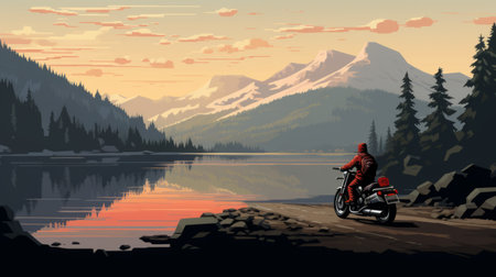 a motorcycle rider cruises by the water, with a majestic mountain in the background. this pixel art masterpiece showcases 8k resolution, featuring a striking combination of light crimson and black. the precisionist lines and shapes create a visually captivating scene. the artwork embodies the unique style of cabincore, with bold graphic illustrations and atmospheric landscapes. ai generatedの素材