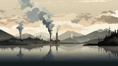 deforestation image: a haunting animation portrays a scene of environmental devastation. dark clouds loom overhead as toxic smoke billows from industrial factories, obscuring the mountains and forests in the background. in the foreground, a lake with murky water reveals the grim sight of dead fish floating on its surface. soft, warm lighting adds an art nouveau touch to this powerful depiction of the consequences ofの素材
