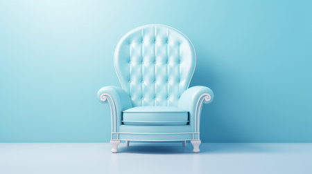an old, blue king chair is showcased on a serene blue background. the chair exudes a sense of vintage charm, while the light cyan and white color scheme adds a touch of elegance. the realistic rendering captures the chair's intricate details. this feminine interior piece creates a soft focal point, perfect for those embracing the comfycore trend. the combination of light pink and turquoise accentsの素材