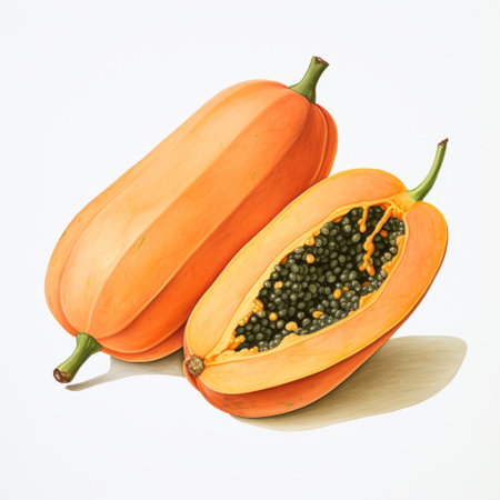 a sketch of a papaya fruit with a cut in the middle, resembling richly detailed genre paintings and hyper-realistic animal illustrations. the sketch is done in gouache, with a color palette of light gray and amber. it has a mingei aesthetic and can be used for editorial illustrations, particularly those related to cranberrycore. ai generatedの素材
