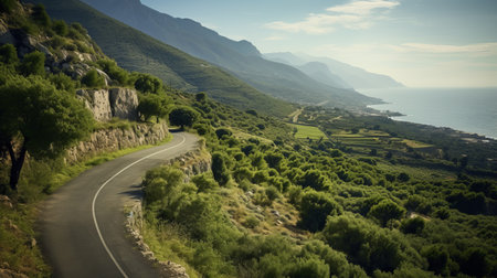 a winding road leads towards the picturesque coast, cutting through the lush green landscape. this stunning photograph captures the essence of mediterranean landscapes, reminiscent of the renowned national geographic style. taken by the talented photographer konstantinos parthenis, the image showcases the beauty of mountainous vistas. with its 8k resolution, this associated press photo displays a harmonious blend of light orange and light green hues. aiの素材