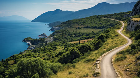 a road winds through open green meadows, leading towards the ocean. this picturesque scene captures the essence of mediterranean-inspired, mountainous vistas. the detailed marine views and secluded settings add to the charm of this coastal and harbor view, captured by photographers dimitry roulland and vytautas kairiukstis. ai generatedの素材