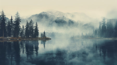 a serene and tranquil scene captured in an 8k resolution image. this photo showcases a lake surrounded by trees and mountains, reminiscent of mikko lagerstedt's hazy romanticism style. the landscape exudes the essence of native american, first nations, and alaska native art, with realistic details and soft, tonal colors. brian mashburn's influence is evident in the realistic depiction of nature. ai generatedの素材