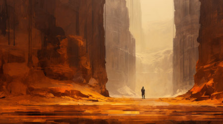 a person stands in the center of a vibrant orange desert canyon, reminiscent of the artistic style of andreas rocha. the scene captures the essence of industrial urban landscapes with a golden palette. the image is rendered in a sketch-like manner, with broad palette knife marks adding texture. this 32k uhd photograph showcases the unique artistic touch of sparth. ai generatedの素材