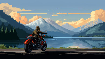 a man on a motorcycle rides alongside a river, depicted in a digital painting style. the artwork showcases expansive landscapes with contoured shading and a whistlerian influence. the background has a smokey appearance, adding depth to the scene. the use of linear perspective enhances the sense of distance, while bold character designs make the subject stand out. ai generatedの素材