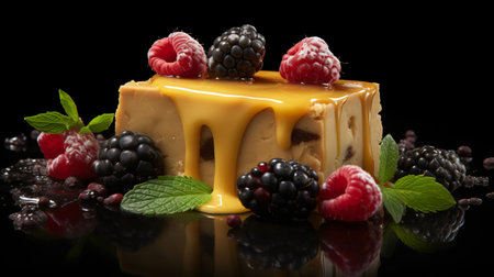 melted chocolate and syrup with blackberry, topped with sauce and cream, adorned with berries and chocolate syrup. this vibrant and colorful dessert, created in the style of zbrush, features light yellow and light amber hues. captured with an angenieux 45-90mm f2.8 lens, it stands out against a black background. a unique creation made of cheese, this dessert is a true representation of frogcore. ai generatedの素材