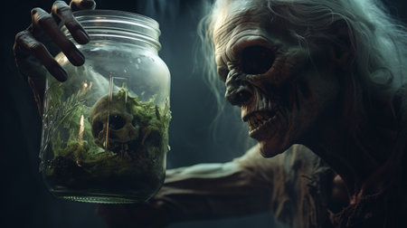 a skeleton in a glass jar, surrounded by a vibrant bunch of greens, is depicted in this dreamlike portraiture. created in the style of zbrush and rendered in unreal engine, this chilling creature captures a sense of suburban ennui. the uhd image showcases blink-and-you-miss-it details, adding to the overall intrigue of the composition. ai generatedの素材