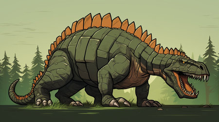 dinosaur illustration featuring a walking and standing dinosaur, created in a 2d game art style. this commissioned artwork showcases spiky mounds and demonstrates panel composition mastery. with a resolution of 32k uhd, the tondo-shaped illustration captures the essence of prairiecore aesthetics. ai generatedの素材