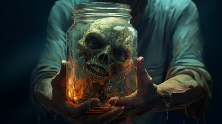 skeleton holding up jar with liquid in realistic depiction of light, showcasing hyper-detailed portraits. this nightmarish illustration combines elements of zombiecore and epic fantasy scenes, with a focus on realistic hyper-detail. the rtx on enhances the visual impact, creating a captivating and immersive experience. ai generatedの素材