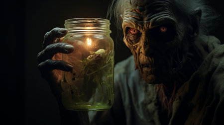 a human holding a jar of candle wax, captured in the style of raphael lacoste. this photo showcases the unique elements of zombiecore, with photorealistic techniques and a high-resolution uhd image. the composition features a hybrid creature, highlighting the artist's skill in creating realistic portraits. shot with the tokina at-x 11-16mm f/2.8 pro dx ii lens. ai generatedの素材
