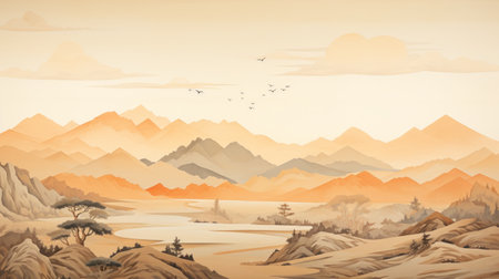 a stunning illustration capturing the beauty of a cliff landscape with majestic mountains and a picturesque countryside sky background. this artwork, created in the style of large-scale murals by the vancouver school, features a harmonious blend of light orange and dark gray tones. shot with a sony alpha a7 iii, this piece draws inspiration from the arts and crafts movement and is displayed on aの素材