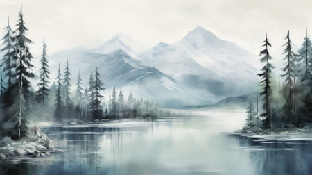 a stunning 8k resolution watercolor painting captures the serene beauty of a mountain river valley. the artwork, created in the style of light cyan and gray, showcases a delicate painterly touch. inspired by the frostpunk aesthetic, this minimalistic piece by shilin huang and patrick brown exudes a sense of tranquility and natural elegance. ai generatedの素材