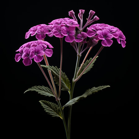 a photorealistic image of a verbena flower is showcased against a striking black background. this composition draws inspiration from organic architecture, cicely mary barker's illustrations, and martin puryear's sculptures. the high contrast shot captures the intricate details of the verbena, while incorporating graceful curves reminiscent of native brasilian motifs. ai generatedの素材
