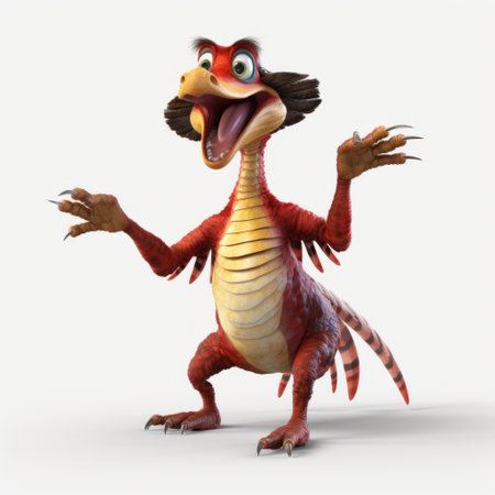 dilophosaurus dancing with a sausage in a pixar-style photo. the image features a pure white background and is rendered in vray style. the character is depicted in a dramatic pose, with light red and brown hues. the photo is captured in high quality, 8k resolution, resembling the distinctive characters and theatrical style of artist alex ross. ai generatedの素材