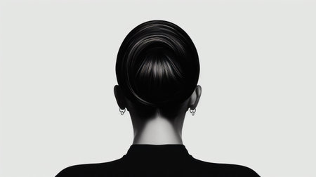a woman with a bun on her head is depicted in this monochromatic minimalist portrait. the photorealistic details capture the intricate jewelry created by painters and sculptors. the dark and ominous atmosphere adds a touch of mystery to the image. with elements of digital minimalism and angura kei, the composition showcases an orderly symmetry. ai generatedの素材