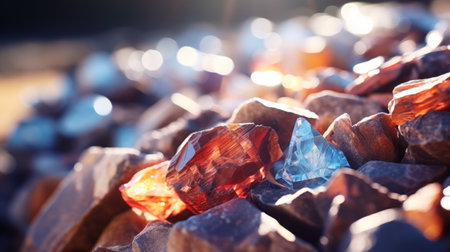 a close-up photo of the sun, captured with godly realism. the image showcases vibrant and colorful rocks, creating a beautiful and elegant composition. the dry and brittle texture of the rocks adds depth to the shot, while the vivid contrast and black tones create a crisp and realistic feel. shot on a 100mm lens with an aperture of f/2.0, the photo is bathed in naturalの素材