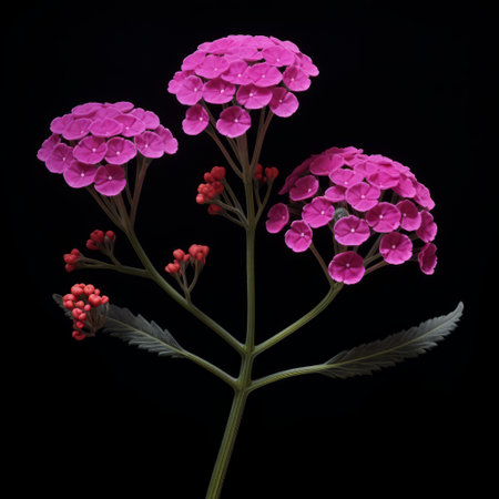 a photorealistic image of a verbena flower is showcased against a striking black background. the intricate details of the flower are captured with precision, reminiscent of organic architecture. influenced by artists such as cicely mary barker and martin puryear, the image features high contrast shots that emphasize the beauty of the verbena. native brasilian motifs and graceful curves add an artistic touch to the composition.の素材