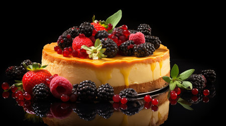 cheesecake with raspberry sauce presented in a wooden case against a black background. this visually stunning dessert is reminiscent of elaborate fruit arrangements. captured through a large format lens by the talented photographer steve henderson, the image showcases a performance-oriented approach with a focus on precision and intricate details. the light amber and yellow tones beautifully contrast with the dark backdrop, creating a captivating composition.の素材