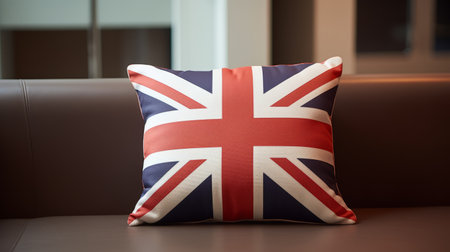 a brown couch with a union jack design pillow sits elegantly in this 8k resolution photograph. the focus stacking technique enhances the smooth and shiny appearance of the furniture. the bright colors add vibrancy to the scene, making it a contest winner. the dark navy and white combination creates a striking contrast, while the high resolution captures every detail flawlessly. ai generatedの素材