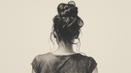 a black and white drawing of a female with a bun and shirt on, showcasing subtle realism. this detailed artwork combines elements of black and white photography, soft-focus portraits, and hazy, large-scale portraits. the artist skillfully captures moments in a style that merges the precision of detailed painting with the ethereal quality of soft-focus photography. ai generatedの素材