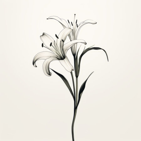 a black and white drawing of a bouquet of lilies, featuring minimal retouching and a realistic usage of light and color. the drawing showcases symmetrical asymmetry with flowing silhouettes and hyper-realistic details. the light beige and beige tones create a captivating contrast, while the dark white adds depth to the composition. ai generatedの素材