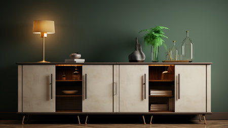 a glass storage, modern black cupboard, and a vase are featured in this uhd image. the realistic lighting highlights the dark green and amber tones, creating a captivating atmosphere. the dark beige and white colors complement the american mid-century design, adding a touch of liveliness to the eccentrically quirky interiors. ai generatedの素材