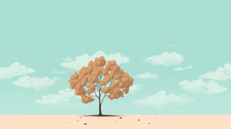 a tree on flat ground with clouds, depicted in the style of mid-century illustration. the background is sparse, with light brown and cyan colors. the image captures the essence of psychological phenomena illustrations, desertwave aesthetics, and detailed miniatures. the tree appears animated, adding a dynamic element to the overall composition. ai generatedの素材