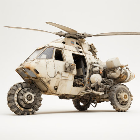 the alien chopper model, created by rohana ganesan, showcases a militaristic realism style with textured compositions. this national geographic photo captures the essence of the white and beige color scheme, while also incorporating classic american cars. the post-apocalyptic themes and realistic color schemes add depth to this captivating image. ai generatedの素材