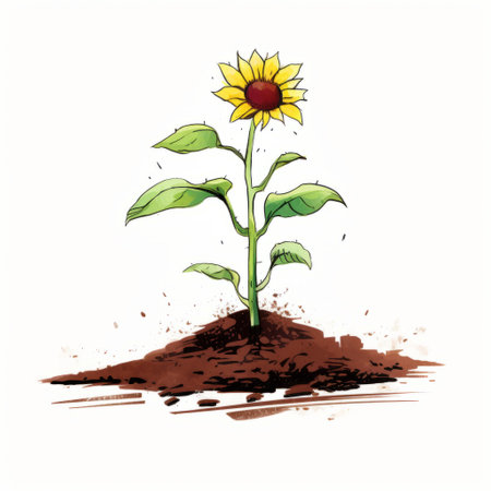a sunflower, depicted in expressive cartooning style, is seen growing in the background. the high-resolution image showcases inkblots and flat illustrations against a white background. the creative commons attribution allows for its use, while the presence of dusty piles adds a touch of realism to the overall composition. ai generatedの素材