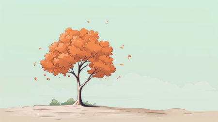 a small orange tree with yellow leaves stands on a hill, showcasing a manga-style aesthetic. the dusty piles surrounding it add to the atmosphere, with light maroon and light aquamarine hues creating a romantic scenery. the sparse backgrounds and flattened perspective, along with high-contrast shading, enhance the overall visual impact of the image. ai generatedの素材