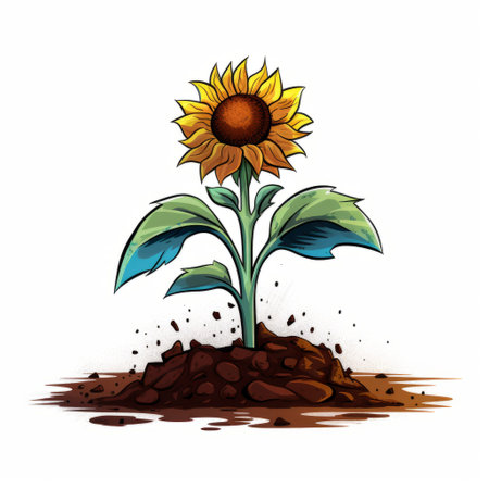 a sunflower with a vibrant, surrealistic flower emerging from the earth in a colorful caricature style. this artwork by tony diterlizzi combines elements of earthworks and colored cartoon aesthetics, featuring naturalistic shadows and psychological phenomena illustrations. ai generatedの素材