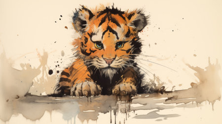 a tiger cub painting captured in a realistic watercolor sketch design illustration, featuring drips and splatters for a unique touch. this high-definition image showcases graffiti-inspired animals, reminiscent of national geographic photos. the bold and manga-inspired characters are depicted in shades of brown and amber, creating a visually captivating artwork. ai generatedの素材