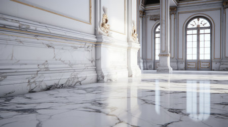 an empty room featuring marble flooring and columns, designed in the style of vray tracing. the room showcases highly polished surfaces with photorealistic detail, rendered in 32k uhd resolution. inspired by rubens, the room is brought to life using unreal engine 5, resulting in rich and painterly surfaces. ai generatedの素材