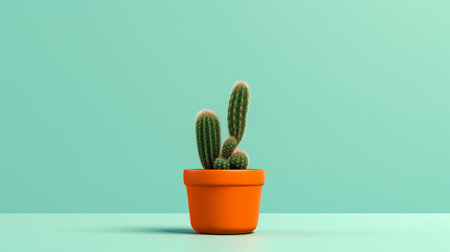 an orange cactus plant sits in a pot against a vibrant red background. the image showcases a unique blend of light green and dark cyan colors, created using the octane render technique. this photograph, found on flickr, embodies elements of industrial and product design. the cactus's dark green hues beautifully contrast with the soft and rounded forms, while the overall rendering appears hyperrealistic. ai generatedの素材
