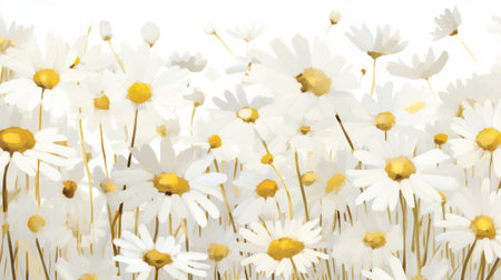 white daisies on a white background with gold dots, featuring realistic landscapes with soft edges and brushstroke fields. this uhd image by dariusz klimczak showcases chic illustrations with monochromatic color schemes and beautifully painted illustrations. ai generatedの素材