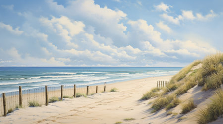 idyllic forest painting of the south of france with wooden fence, reed grass, and gentle waves crashing onto the beach. sunny day with clouds in the sky, creating a peaceful and serene scene. keywords: forest painting, south of france, wooden fence, reed grass, waves crashing, beach, sunny day, clouds, peaceful, serene. ai generatedの素材
