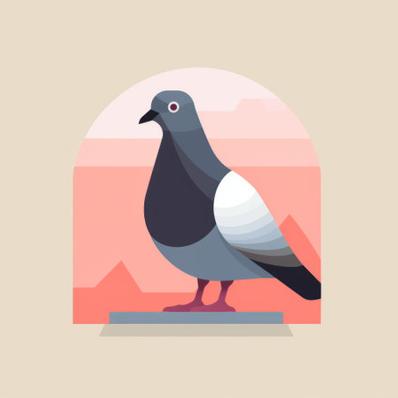 a pigeon perched on a pebble against a vibrant pink backdrop. this photo showcases a flat color style, with elements of portraiture iconography and mountainous vistas. the composition is carefully framed, featuring a mix of light white and dark gray tones. the image is presented on a shaped canvas, adding a unique visual appeal. ai generatedの素材