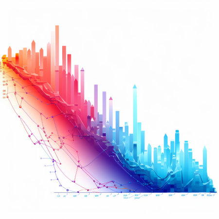a flow of vibrant colored lines is depicted on a white background, resembling dynamic skylines and scientific diagrams. the artwork showcases high tonal range, flattened perspectives, and multi-layered figures. with its realistic color palette, this piece also incorporates elements of data visualization. ai generatedの素材
