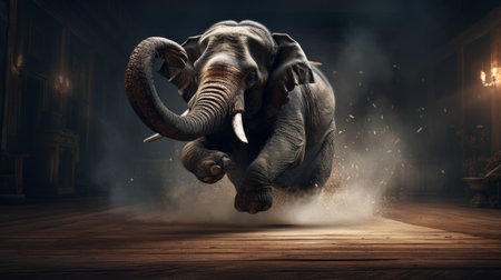 an energetic elephant bursts into a room, its powerful strides echoing on the dark floor. the photorealistic accuracy captures every detail of its elegant and emotive face. this captivating image, with its exotic subject matter, won a prestigious contest and is perfect for an imax experience. the dusty piles add a touch of authenticity to the scene. ai generatedの素材