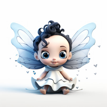a 3d animated cute fairy is depicted in this photo. the fairy is portrayed as a cute little character wearing a white dress. the style of the image incorporates surrealistic elements, with a color palette of light indigo and dark bronze. the fairy's face is depicted in a caricature style, inspired by artists nathan wirth and valentine hugo. the overall composition of the image isの素材