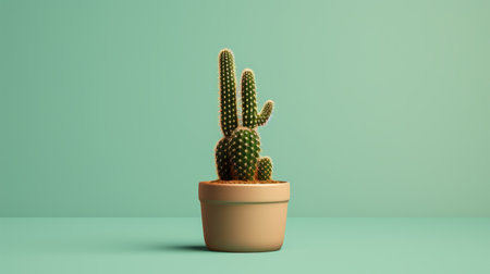 a small cactus in a brown pot, rendered in cinema4d with vibrant color gradients. the photo showcases minimal retouching and features a mesmerizing optical illusion with dark turquoise and light green hues. the use of photo-realistic techniques enhances the overall appeal of this kimoicore image. ai generatedの素材