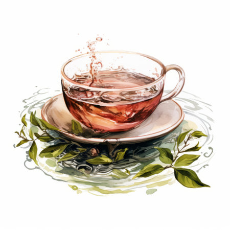a photo of a swish tea in a saucer, depicted in the style of watercolor illustrations. the image showcases highly detailed foliage and illustrations, with a realistic attention to detail. the tea appears soggy, resembling the works of tintoretto. overall, it is a joyful celebration of nature. ai generatedの素材